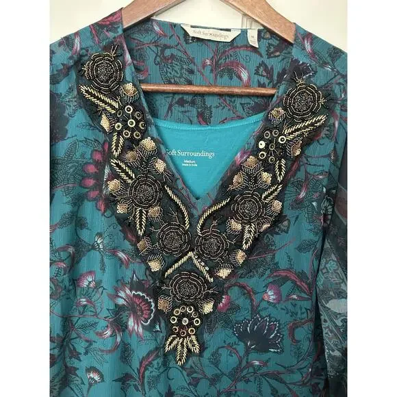 Soft Surroundings Paisley Heavily Beaded Blouse 2 Piece Womens Size Med Teal - Picture 2 of 12